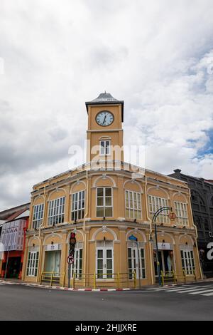 Phuket, Thailand - December 2021: Phuket Town Clock Tower in Phuket Old Town, Thailand. A landmark of Phuket old town, a popular tourist area. Stock Photo