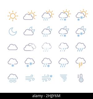 Weather forecast icons set. Clouds, precipitation and weather conditions, day and night. Vector colored line icon illustration. Stock Vector