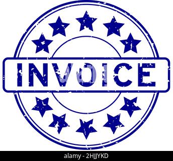 Grunge blue invoice word with star icon round rubber seal stamp on white background Stock Vector