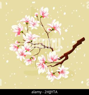 Blooming sakura branch on a soft pastel background. Pink delicate flowers on a tree branch. Stock Vector