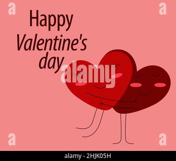 Card Happy Valentines Day. Two hearts with closed eyes and cheeks are hugging and in love and the inscription Happy Valentines Day on a red background Stock Vector