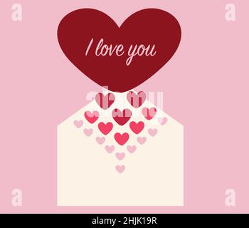 Happy Valentines Day greeting card. On a pink background, a white envelope from which hearts fly out and the inscription I love you Stock Vector