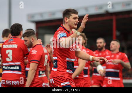 Kingston Upon Hull, UK. 30th Jan, 2022. Sam Wood (24) of Hull KR celebrates his try in the first half in Kingston upon Hull, United Kingdom on 1/30/2022. (Photo by James Heaton/News Images/Sipa USA) Credit: Sipa USA/Alamy Live News Stock Photo