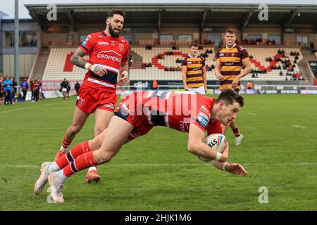 Kingston Upon Hull, UK. 30th Jan, 2022. Sam Wood (24) of Hull KR goes over for a try in the first half in Kingston upon Hull, United Kingdom on 1/30/2022. (Photo by James Heaton/News Images/Sipa USA) Credit: Sipa USA/Alamy Live News Stock Photo