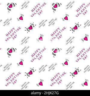 White background with pink hearts, wings, halos and lettering. Pattern for wrapping paper.  Stock Vector