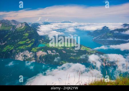 Aerial view of Lake Lucerne, Rigi and Pilatus mountains, Glarus and Uri Alps from Mt Fronalpstock, Switzerland Stock Photo