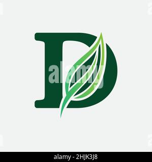 D Letter Logo - Organic look Logo for Initial Letter D with Green Leaf - Monogram Vector Logo Template for Business Name Initials Stock Vector