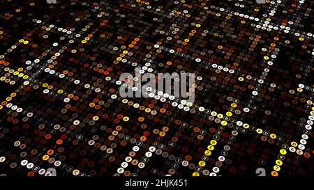 Randomly changing symbols inside blinking circles on black background. Animation. Technological wavy texture with numbers and letters Stock Photo