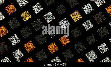 Technological background with parallel rows of orange, yellow, white, and black square shaped QR codes. Animation. Many same size QR codes on black ba Stock Photo