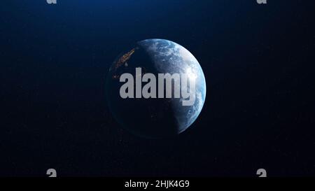 Abstract animation of beautiful Planet Earth rotation in space. Full revolution of the planet around its axis. Stock Photo
