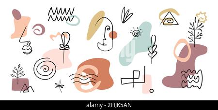 Set of hand drawn figures and art objects, faces, tree, leaf, moon. Stock Vector