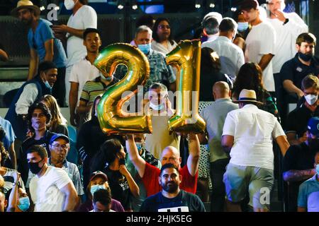 Melbourne, Australia, 30th Jan, 2022. Spanish fans during the men´s final at the 2022 Australian Open Tennis Grand Slam in Melbourne Park. Photo credit: Frank Molter/Alamy Live news Stock Photo