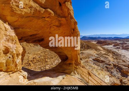 View of the big natural rock arch, in Timna desert park, southern Israel Stock Photo