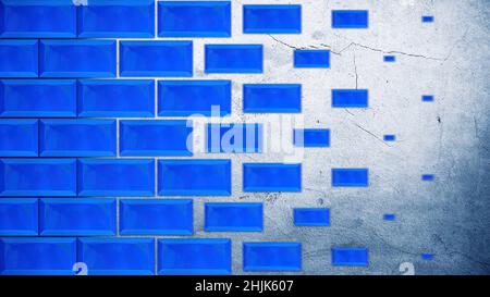 Abstract parallel rows of blue bricks appear in front of white and blue concrete wall on the background. Concept of construction, motion graphics. Stock Photo