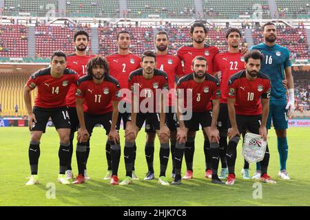 Cameroon, Yaounde, January 30 2022 - National team of Egypt pose for team photo from top left: Ayman Ashraf, Mohamed Abdelmonem, Amr El Solia, Ahmed Hegazy, Omar Marmoush, Gabaski, from bottom left: Mostafa Mohamed, Mohamed Elneny, Ahmed El Fotouh, Omar Kamal, Mohamed Salah during the Africa Cup of Nations - Play Offs - Quarter-finals match between Egypt and Morocco at Stade Ahmadou Ahidjo, Yaounde, Cameroon, 30/01/2022. Photo SF Credit: Sebo47/Alamy Live News Stock Photo