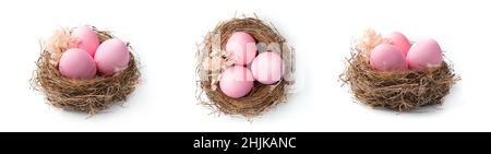 Three nests with pink Easter eggs in different angles isolated on a white background. Set. The concept of Easter. Stock Photo