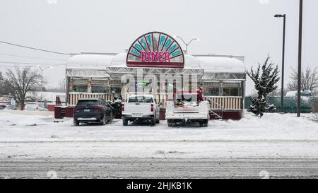 NORWALK, CT, USA - JANUARY 29, 2022: Post Road Diner on Post Road is open in winter day  as powerful Winter Storm Kenan slams into eastern US Stock Photo