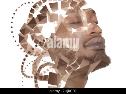 A portrait of a man combined with 3D polyhedra in a double exposure technique. Stock Photo