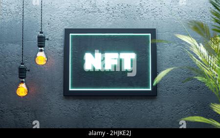 NFT non fungible token, crypto art in 3D rendering illustration. Frame on a wall showing NFT cryptoart hologram. Virtual art and galleries on metavers Stock Photo