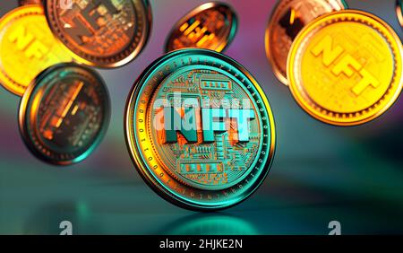 NFT non fungible token golden coins falling. Trendy cryptocurrencies and coins on the blockchain technology. Close up view of crypto money in 3D rende Stock Photo