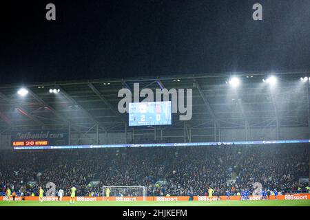 CARDIFF, UK. JAN 30TH General view inside the stadium as Isaak Davies of Cardiff City celebrates with teammates after scoring to make it 2-0 during the Sky Bet Championship match between Cardiff City and Nottingham Forest at the Cardiff City Stadium, Cardiff on Sunday 30th January 2022. (Credit: Kieran Riley | MI News) Credit: MI News & Sport /Alamy Live News Stock Photo