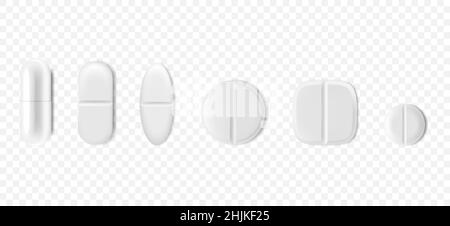 Antibiotic pills isolated on white background. Collection of oval, round and capsule shaped tablets. Medicine and drugs. Realistic 3d Vector illustrat Stock Vector