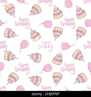 Birthday Seamless pattern. Hand drawn doodle birthday cake, gift and other Party Supplies. Celebratory background. Holiday Wallpaper. Stock Vector