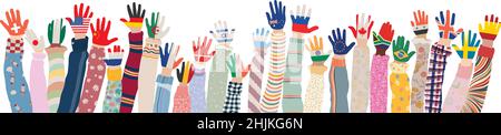 Arms raised up of multicultural children who have palms colored with the flags of various nations and countries. Group of multiethnic children.Friends Stock Vector