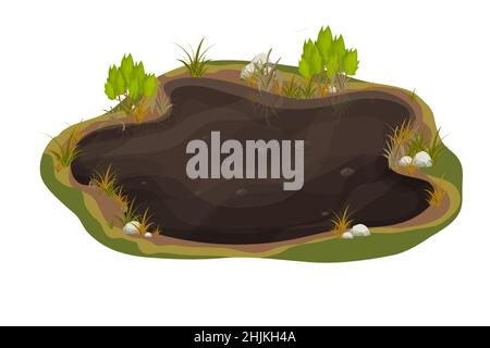 Dirty mud puddle, swamp with stone, grass in cartoon style isolated on white background. Natural wet soil, forest pond, lake clip art. . Vector illustration Stock Vector