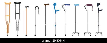 Set of walking sticks and crutches. Telescopic metal canes, wooden cane, cane with additional support, elbow crutch, telescopic crutch, wooden crutch. Stock Vector
