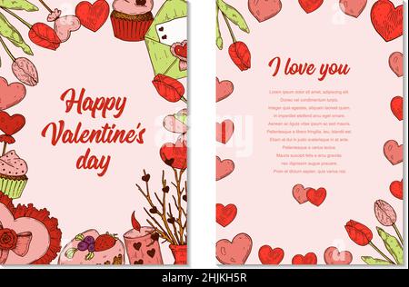 Two side Valentines day vertical greeting card with hand drawn elements. Vector illustration Stock Vector