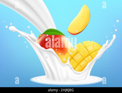 Mango and milk splash. Fruit and yogurt. 3d realistic isolated vector, whole and a slice of mango fall into a milky splash, editable handmade mesh Stock Vector