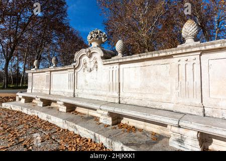 Stone seats in Royal Palace of Aranjuez, Palacio Real de Aranjue, Aranjuez, Madrid, Spain Stock Photo