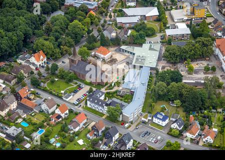 Aerial view, Caritas retirement home St. Josef, cathol. Heilig Kreuz Kirche, Haus der Begegnung, Herringen, Hamm, Ruhrgebiet, Nordrhein-Westfalen, Ger Stock Photo