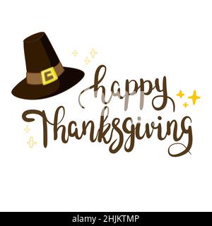 Happy Thanksgiving Day. Vector Illustration with Hand Lettered Text and a Turkey silhouette with orange background. Stock Vector