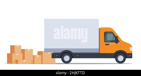 Lorry and pile of boxes. Transportation of goods and construction materials, heavy volume and weight, delivery when ordering goods, movement. Cargo Tr Stock Vector