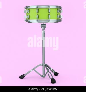 Realistic drum and wooden drum sticks and stand on pink background Stock Photo