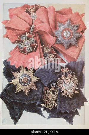 Insignia of the Order of St. Alexander Nevsky and insignia of the Order of the White Eagle of the Russian Empire in the 19th century. Stock Photo