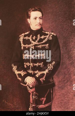 Portrait of Lieutenant of the Life Guards Hussar Regiment of the Russian Empire Count G.A. Bobrinsky. Painting of 1879. Stock Photo