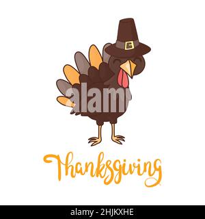 Happy Thanksgiving Day. Vector Illustration with Hand Lettered Text and a Turkey silhouette with orange background. Stock Vector
