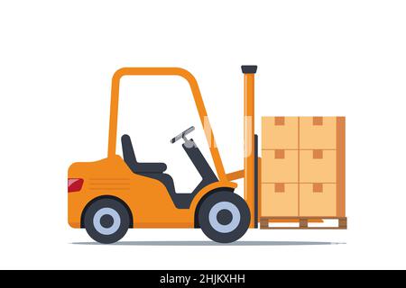 Forklift, warehouse equipment for lifting boxed, loading cardboards on pallets. Forklift with parcels. Stockroom loader for cargo. Flat vector illustr Stock Vector