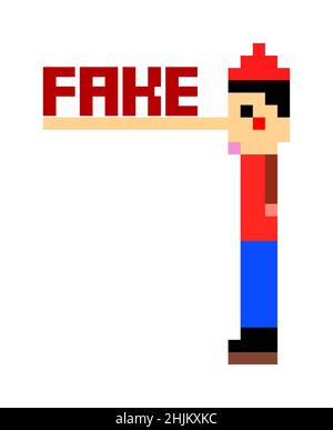 An 8-bit pixel art Pinocchio toy with a long nose and the text Fake. Stock Photo