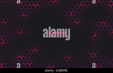 Dark gray hexagonal technology vector abstract background. Pink bright energy flashes under hexagon in modern futuristic technology background vector Stock Vector