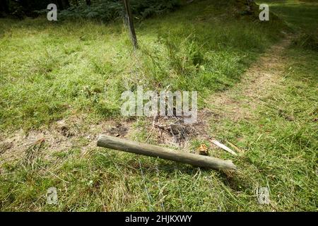 fence post and stock fencing damaged by walkers in rydal lake district, cumbria, england, uk Stock Photo