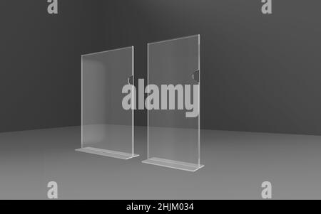 Brochure Stand A5 and DL perspex acrylic transparent photo realistic 3D render illustration with Grey Background. Stock Photo