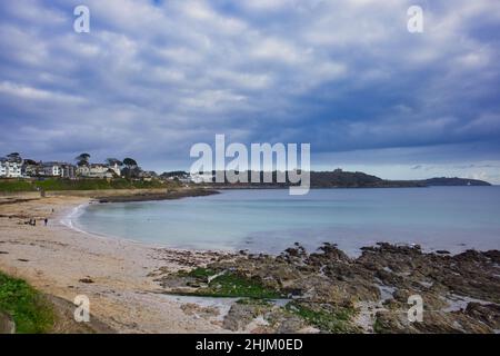 Falmouth Beach in January with stormy Skys making the sea turquoise, lovely town on the Cornish coast Stock Photo