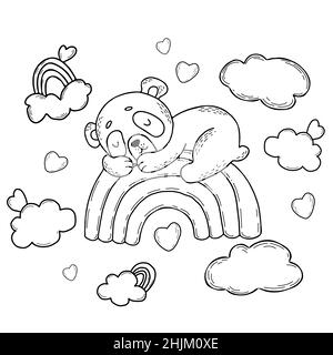 Cute panda sleeps sweetly on rainbow with clouds and hearts. Vector illustration. outline - Character Cute animal. Set linear hand drawings for kids c Stock Vector