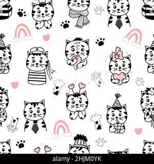 Cute seamless feline pattern. Funny beautiful cartoon icons of cats characters on white background with rainbow and hearts. Vector illustration in han Stock Vector