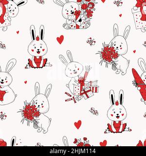 Bunny Seamless Pattern. Cute rabbits with gifts, boxes and carrots, with bouquet of flowers, ballerina hare with princess crown on white background. V Stock Vector