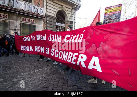 Rome, Italy. 29th Jan, 2022. Demonstration against all evictions, foreclosures and the announced evictions that would leave hundreds of people and families on the street. (Photo by Patrizia Cortellessa/Pacific Press/Sipa USA) Credit: Sipa USA/Alamy Live News Stock Photo